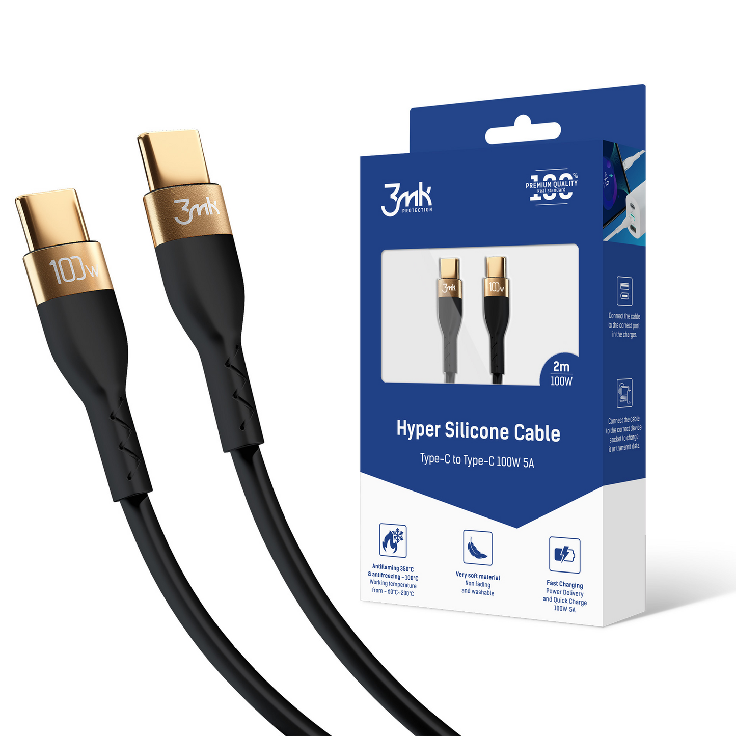 3mk Hyper USB-C apa - USB-C apa 2.0 Adat és töltő kábel - Fekete (2m) (3MKCABH100BK)
